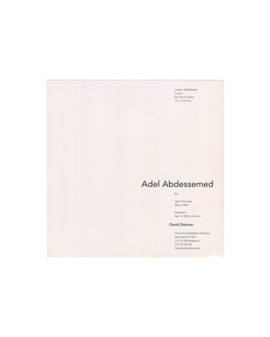 Reverse of 2009 Adel Abdessemed Rio exhibition invitation card, David Zwirner, New York — verso in minimal serif and sans-serif typography on cream stock; artwork caption upper left: Lincoln, 2009 (detail), C-print, 50 × 68½ inches / 127 × 174.2 cm; exhibition text lower right: Adel Abdessemed / Rio / April 3 through May 9, 2009 / Reception April 3, 2009, 6 to 8 pm / David Zwirner / 519 & 525 & 533 West 19th Street, New York, NY 10011 / 212 727 2070 telephone / 212 727 2072 fax / www.davidzwirner.com.
