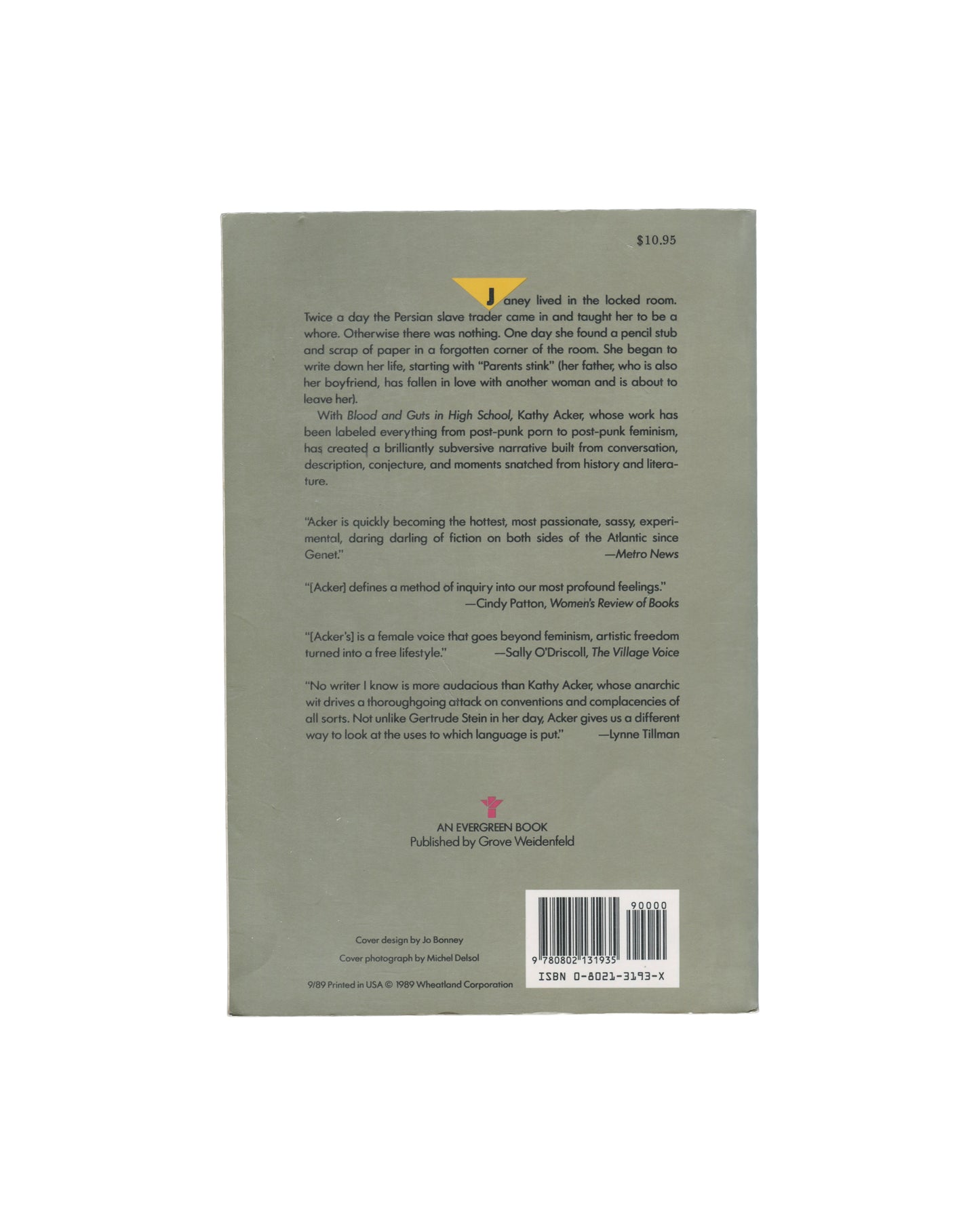 The back cover of a Kathy Acker book, shown flat against a white background. The cover is a muted gray-green color with black text, a small yellow accent near the top right, and a barcode at the bottom right.