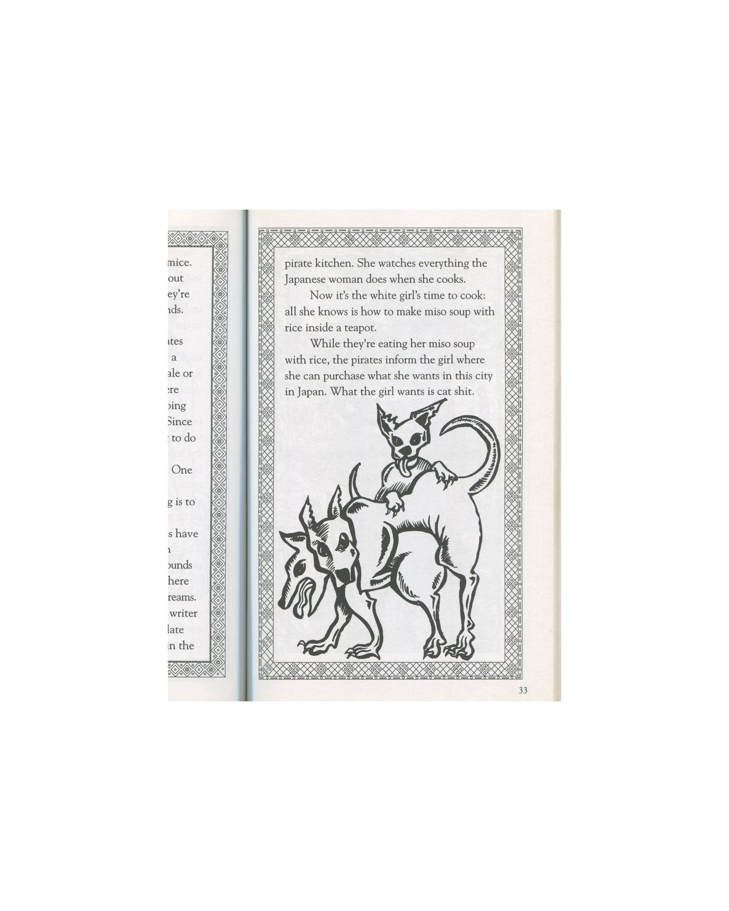 Kathy Acker — Pussycat Fever, AK Press, 1995 — interior spread. Right page: black-and-white illustration of a cat mounted on a horned dog-like creature, both rendered in bold outline style within a decorative border. Text visible on left page: "pirate kitchen. She watches everything the Japanese woman does when she cooks." Page number 33 lower right.