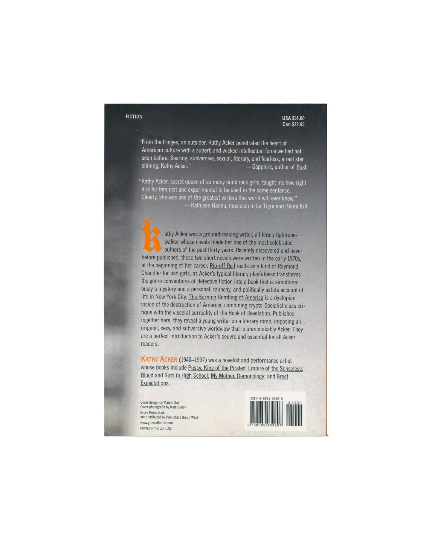 The back cover of 'Rip-Off Red, Girl Detective' by Kathy Acker, The cover is predominantly dark gray with white text blocks, a large orange serif letter 'K', a small red quote block, and a barcode at the bottom right.
