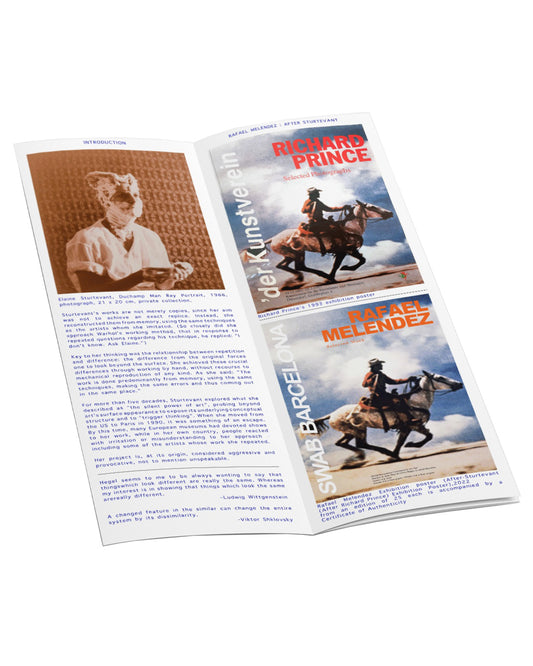 Rafael Melendez, After Sturtevant, 2022 — interior spread; left page shows Elaine Sturtevant portrait photograph with introductory text; right pages show reconstructed Richard Prince and Rafael Melendez SWAB Barcelona exhibition posters with running text on repetition and appropriation