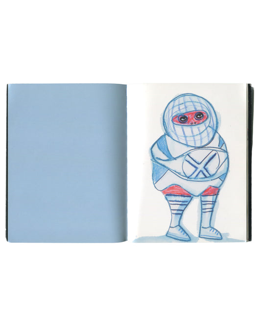 Interior spread of 2004 Laylah Ali Types showing pale blue endpaper opposite a colour drawing of a masked figure in a white suit with crossed arms and an X motif on the chest, rendered in blue and red crayon.