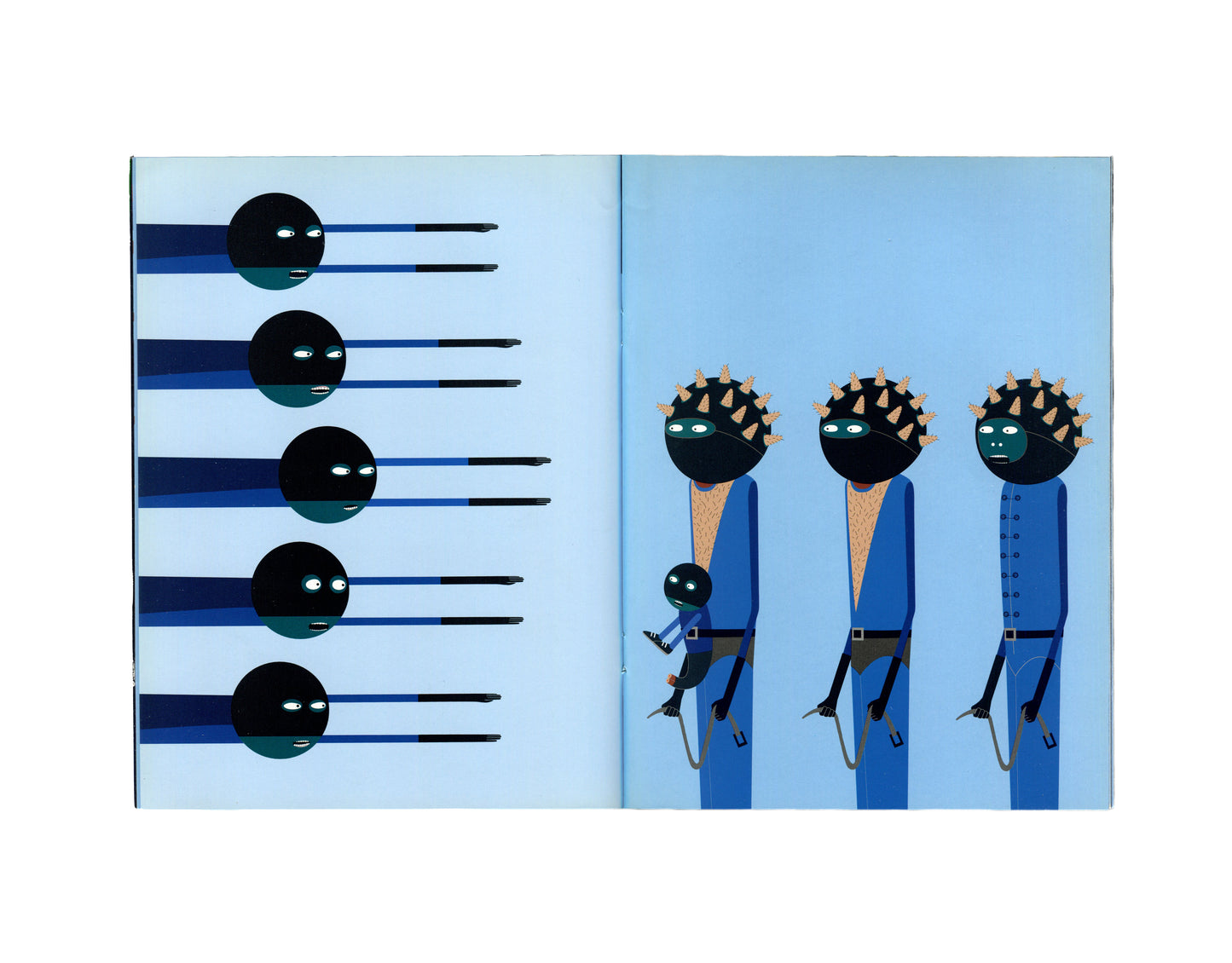 Laylah Ali, Projects 75, MoMA, 2002 — interior spread. A horizontal figure suspended above four round-headed figures standing in a row, with a fifth performing a handstand. Blue ground throughout.