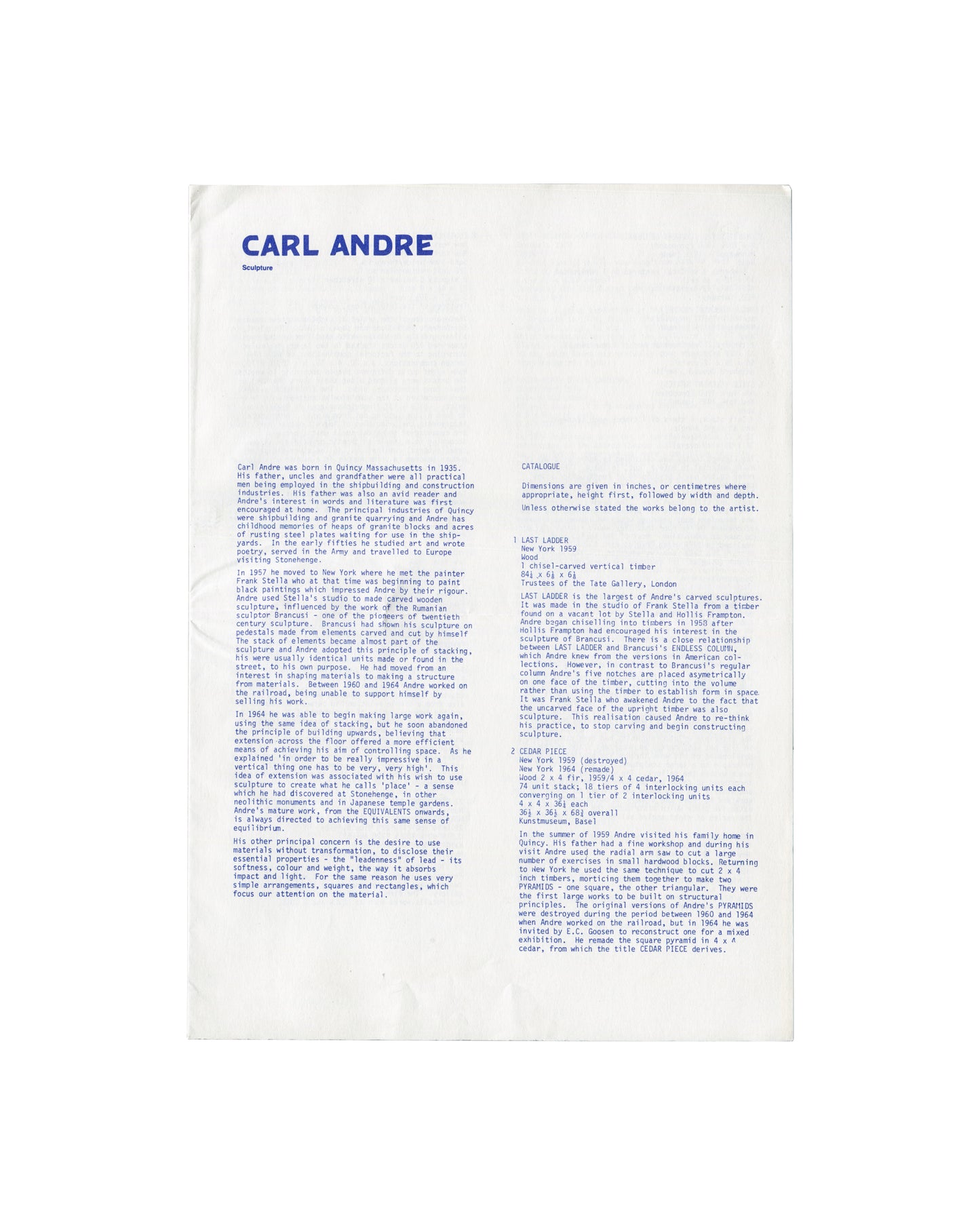 Works list for Carl Andre Sculpture 1954–1978, Whitechapel Art Gallery