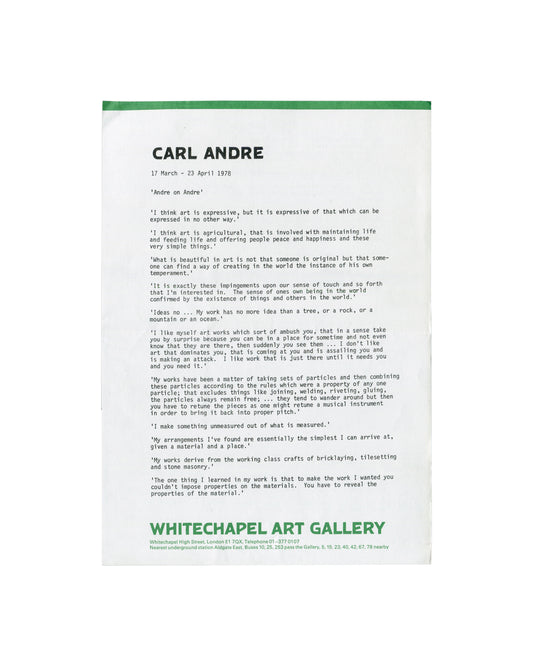 Carl Andre exhibition letterhead with artist statement, Whitechapel Art Gallery, 1978