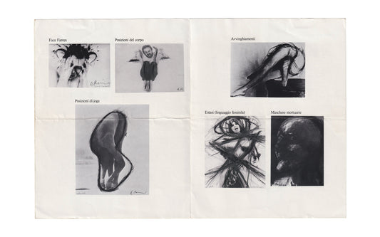 Interior spread from Arnulf Rainer exhibition pamphlet, Biennale di Venezia, 1978. Black-and-white reproductions of photo-based works: Face Farces, Posizioni del corpo, Avvinghiamenti, Posizioni di joga, Estasi (linguaggi