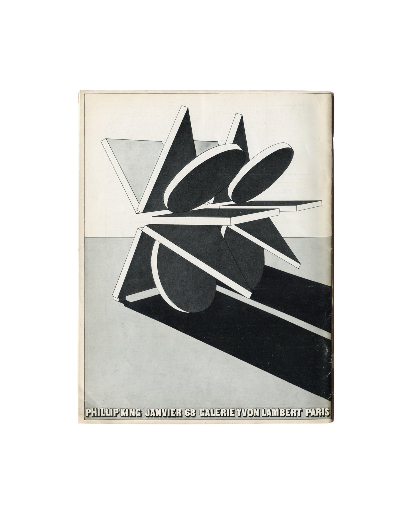 Back cover of Art and Artists, Vol. II, No. 10, January 1968. Full-page black-and-white exhibition invitation for Phillip King, Galerie Yvon Lambert, Paris, Janvier 68. Large photographic reproduction of King's geometric sculpture — triangular and elliptical steel forms casting strong diagonal shadow on pale ground. Bold sans-serif text at base: PHILLIP KING JANVIER 68 GALERIE YVON LAMBERT PARIS.