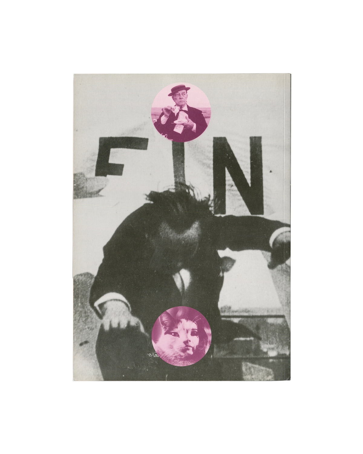 BFI Avant-Garde Catalogue 1994, back cover, figure bent double before large FIN title card, two pink circular film stills overlaid