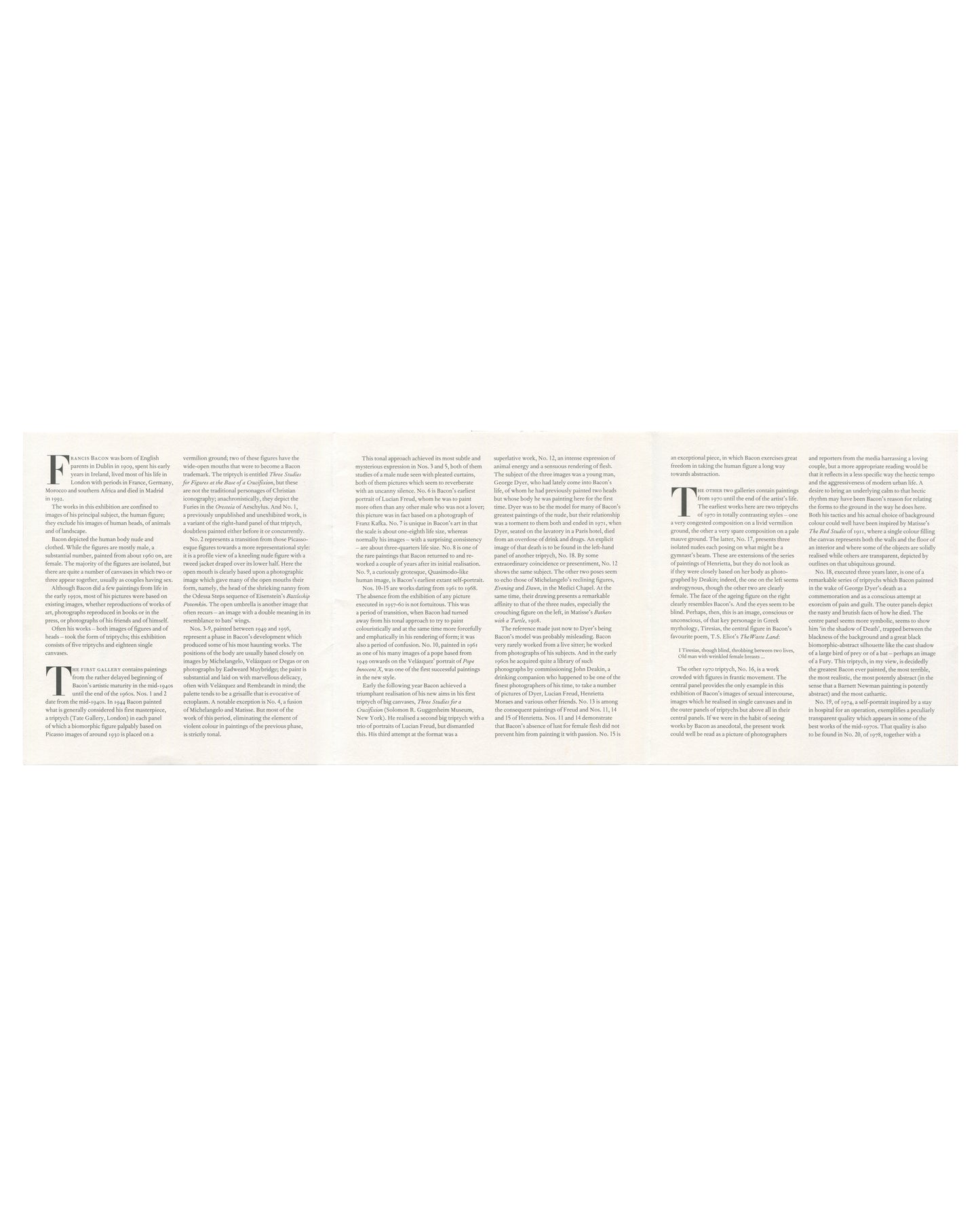 Full unfolded interior of 1998 Francis Bacon: The Human Body exhibition guide, Hayward Gallery, London — three-panel spread showing David Sylvester's essay text in two columns at left with List of Works below listing 32 works dated 1944–1991 including Study for the Nurse in the Battleship Potemkin, Triptych, Three Studies for Figures at the Base of a Crucifixion, and Figure in Movement; central and right panels continuing the essay text in dense serif columns; offset print on white paper stock.