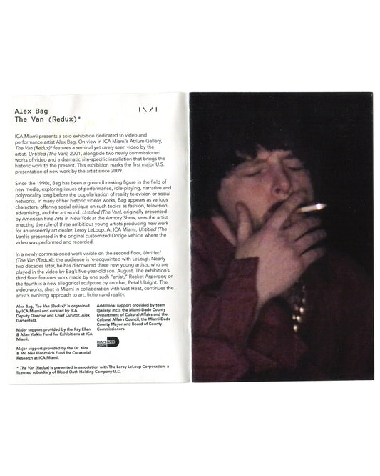 Interior text page of Alex Bag, The Van (Redux) exhibition brochure, ICA Miami, 2015 — exhibition essay describing Bag's video practice and ICA Miami presentation, alongside a dark video still of a figure smoking.