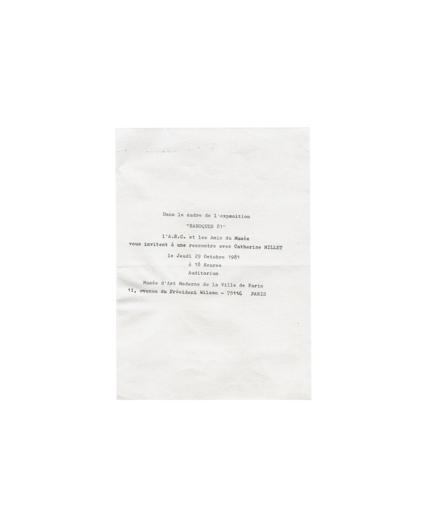 Baroques 81, ARC Paris 1981, typewritten meeting notice, rencontre avec Catherine Millet, 29 octobre 1981, Auditorium