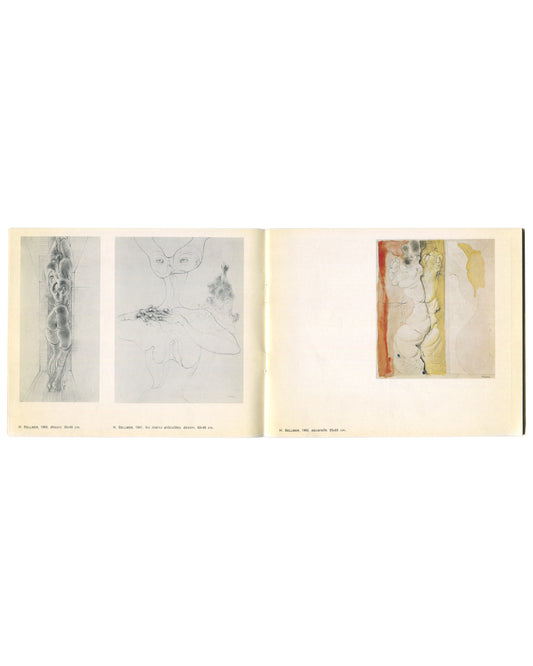 Two b&w Bellmer drawings (1963, 1961) left; colour Bellmer watercolour (1963), pale torso against red and yellow ground, right.