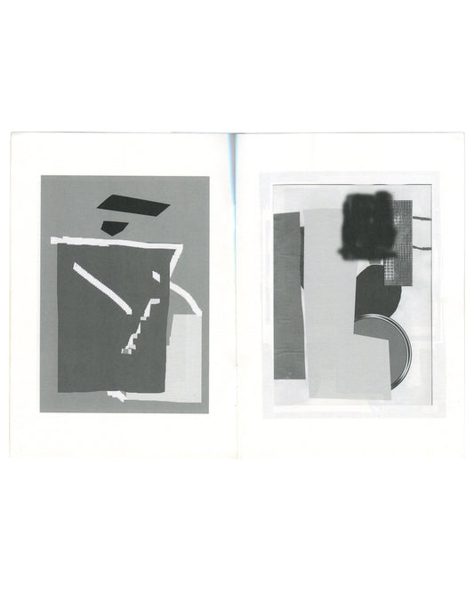 Linus Bill + Adrien Horni, Gemälde, M J, Geneva, 2014. Interior spread: left, grey ground with abstract collage of dark notched rectangle, black horizontal bar, white diagonal forms and pixelated fragments; right, white ground with collage of vertical grey bar, dark semicircle, circular disc, and black smudged form with grid texture upper right.