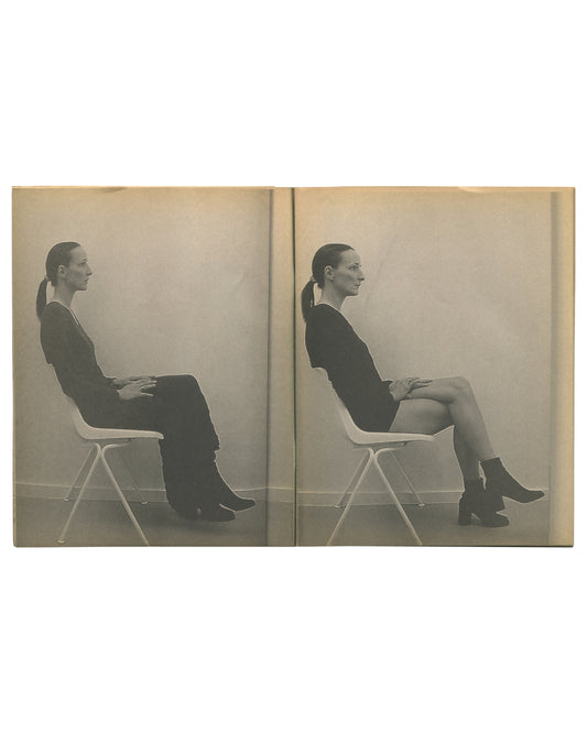 nterior spread of c. 2002 Mark Borthwick Xerox edition of 2000-1, Maison Martin Margiela. Double-page spread showing two near-identical grayscale Xerox photographs of a woman seated in profile on a white folding chair against a plain pale ground: left image showing her in full-length dark trousers and ankle boots, right image showing the same pose with a shorter skirt and ankle boots, hands resting on knees, hair in a low ponytail. The diptych presents the same body and posture with a single change of garme