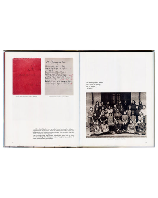 Louise Bourgeois, school correspondence notebook 1920–21, registration form, and class photograph, 1922, spread pp.44–45