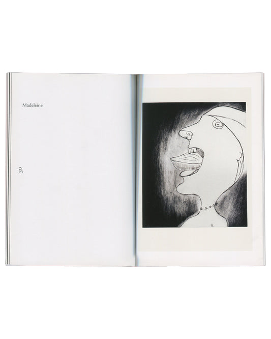 Exhibition catalogue interior spread, Louise Bourgeois, Autobiographical Prints, Hayward Publishing, 2016. Page 30: left page text ‘Madeleine’ and page number; right page: drypoint print of female profile in close-up, face half in shadow, eye visible, lips parted, chain at neck. Black and white, high contrast. From the Autobiographical Series, 1994.