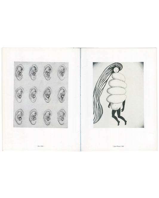 Interior spread of 2005 Louise Bourgeois Selected Prints 1989–2005 catalogue, Marlborough Graphics, London. Left page showing a reproduction of Ears (2004): a grid of twelve human ears in three rows of four, each with a small circular mark at the canal, on a pale grey ground. Caption 'Ears 2004' at lower left. Right page showing Spiral Woman (2003): a female figure whose torso is replaced by four stacked pale ovoid forms, long dark hair streaming upward in multiple strands, small legs walking below. Caption