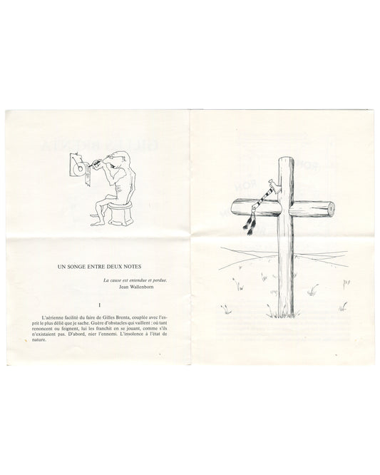 Inside spread of Gilles Brenta folded exhibition handout, showing surreal line drawings and French text for Un songe entre deux notes.