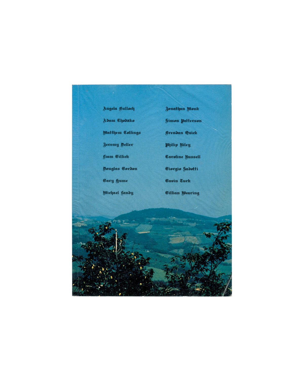 Instructions, Gio' Marconi, 1992, back cover: artist list in blackletter on blue landscape, Bulloch to Wearing