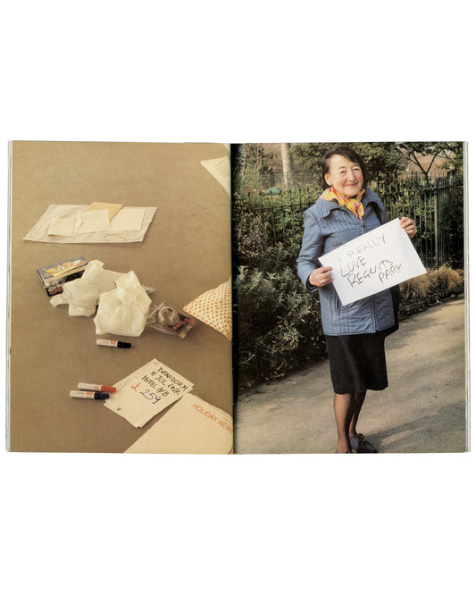 Gillian Wearing, Signs that say what you want them to say, 1992–93, and Candy Jernigan Holiday News spread, Instructions
