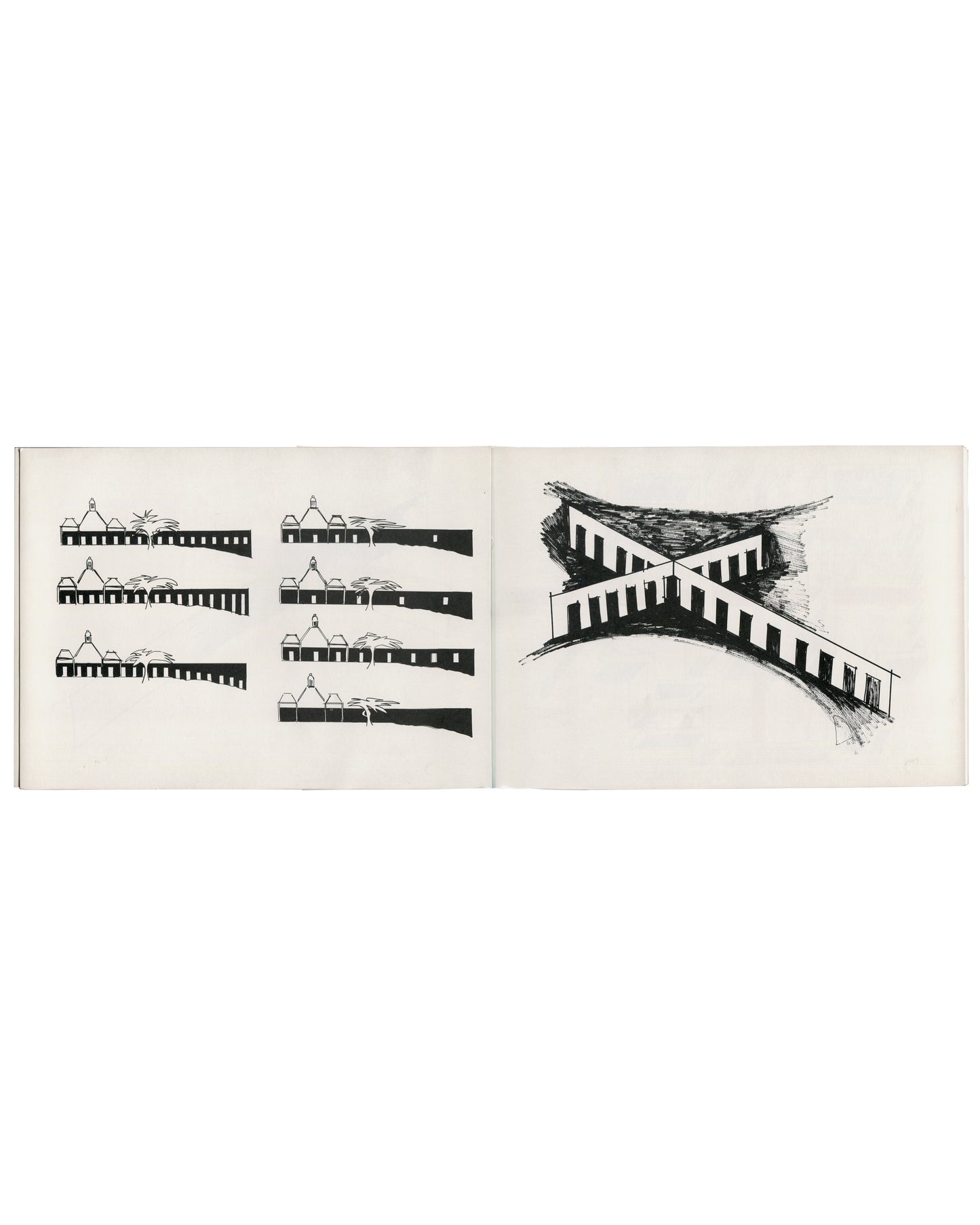 Daniel Buren, Sketches for a Work in Situ, 1987, interior spread, black ink elevations of Serpentine Gallery with intersecting stripe structures