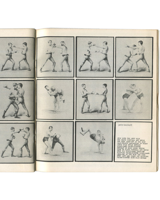 Interior spread from 1964 Arcade No. 1, William Burroughs Special. Page by Jane Beckett showing a grid of twelve black-and-white Victorian-era boxing and wrestling instruction photographs, with a column of technical move names in small type at lower right.