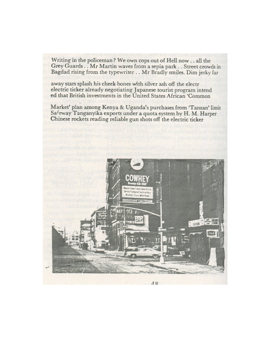 Interior page from 1973 William S. Burroughs White Subway, Aloes Books, page 48. Upper half showing cut-up prose text beginning 'Writing in the policeman?' Lower half showing a black-and-white street photograph of an American urban intersection with a 'COWHEY' bar sign, traffic lights, and parked cars.