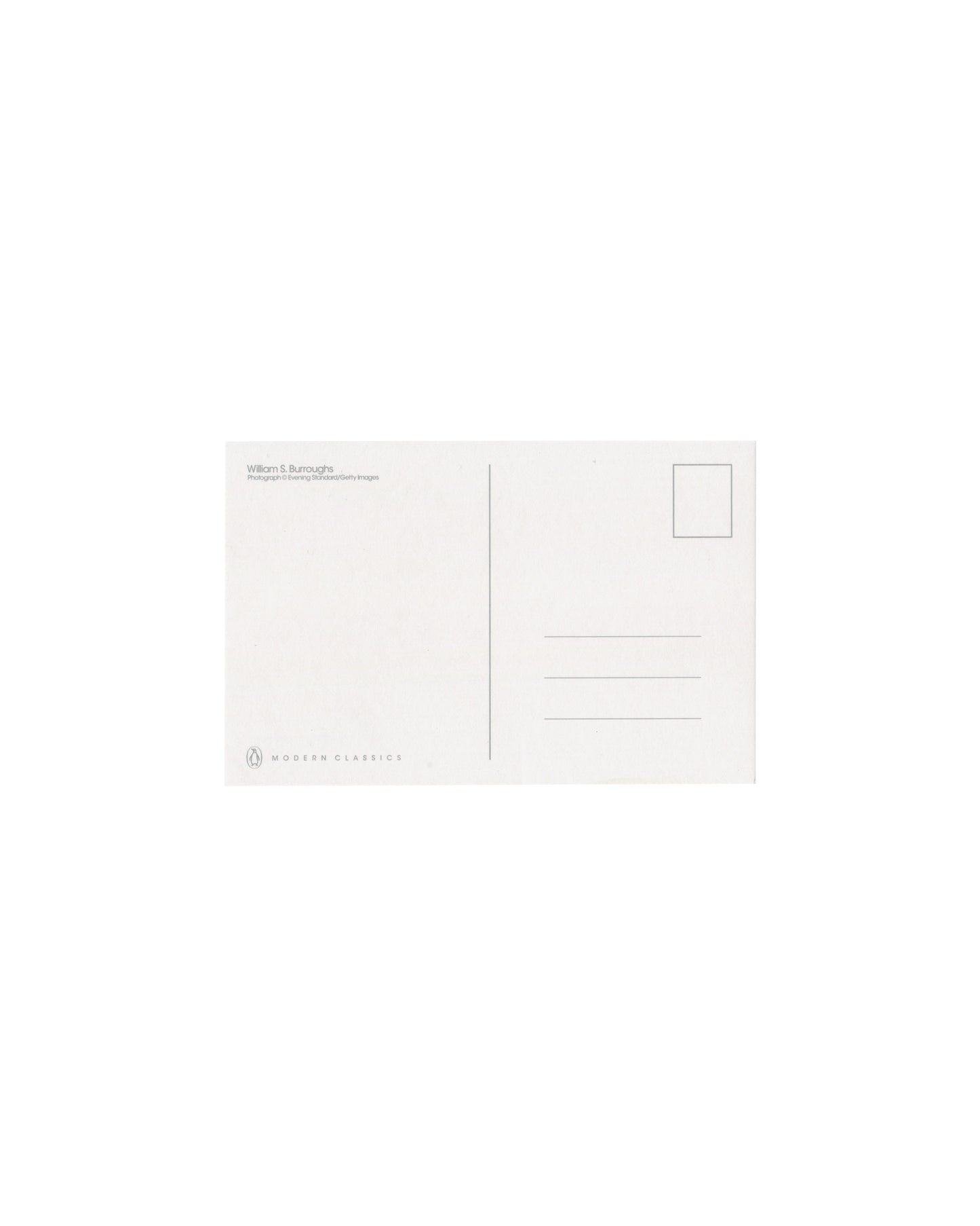 William S. Burroughs, postcard format, credit, Evening Standard / Getty Images, Penguin Modern Classics mark