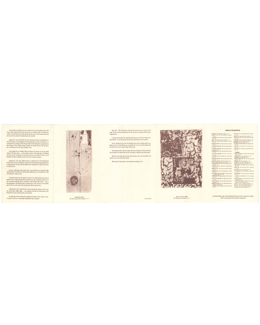 Exhibition catalogue unfolded, William S. Burroughs, Tony Shafrazi Gallery, New York, 1988. Full spread, 73.5 × 22 cm: essay text columns, sepia reproductions of shotgun paintings including ‘No Buest Be White’ and ‘Untitled’, and formal works checklist at far right. Offset printed on cream textured stock.