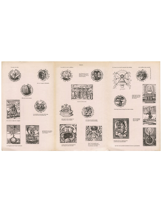 Unfolded exterior (full three-panel spread) Le Ton Haut, Jorge Camacho, Galerie Mathias Fels, Paris, 1969. Exhibition publication unfolded exterior, full three-panel spread: dense grid of black-and-white alchemical and hermetic engravings across the full sheet — circular medallions with inscribed Latin and French texts, emblematic figures, symbolic scenes including celestial, terrestrial and metallurgical subjects, and geometric diagrams. Short French captions and fragments of Bernard Roger's text distribu