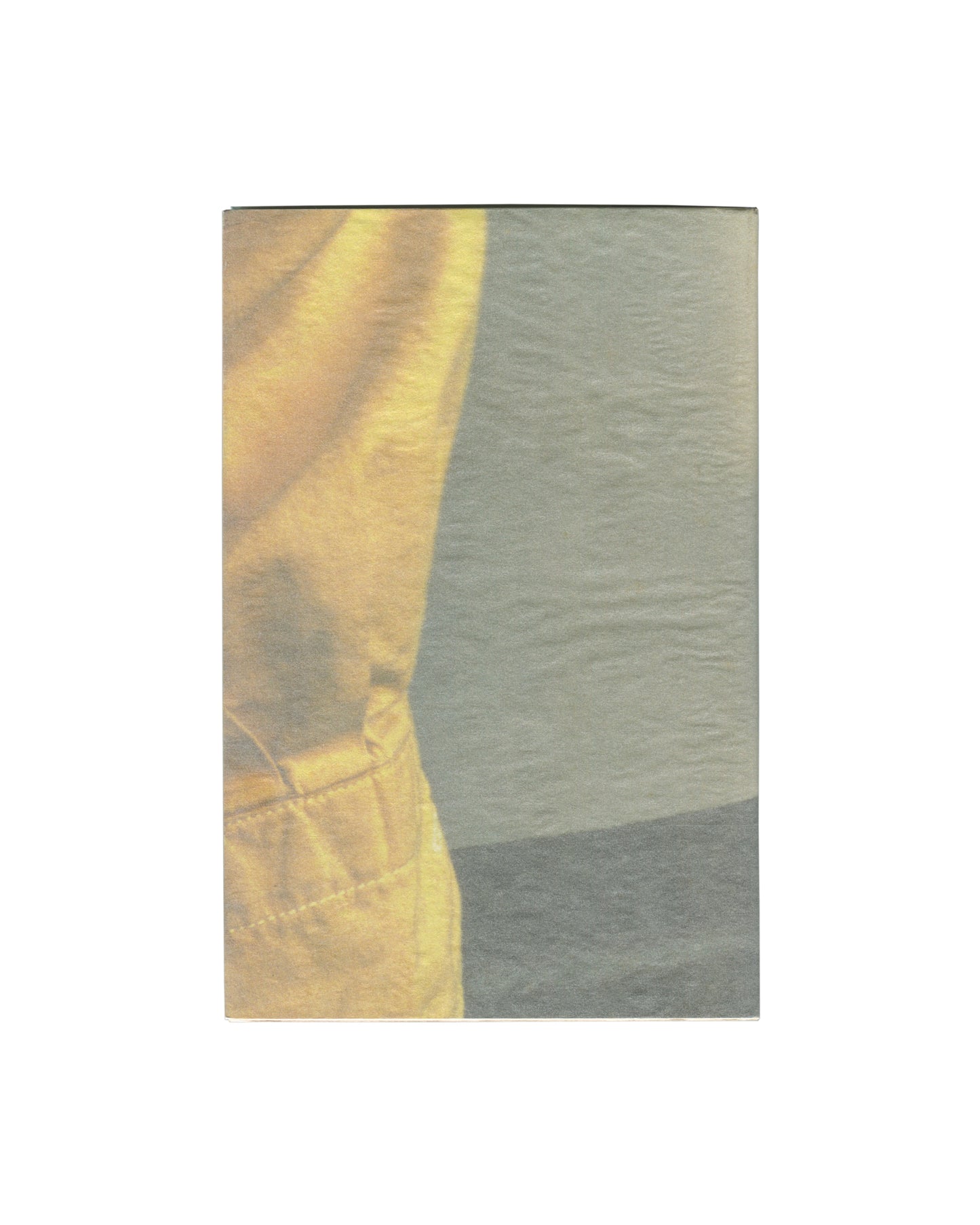 Reverse of 1990 Laura Carpenter / Philippe Thomas, Insights, Galerie Claire Burrus, Paris. Softcover back showing a close-up colour photograph of two adjacent fabric surfaces — a warm yellow draped textile on the left and a cool grey-blue fabric on the right — meeting at a diagonal fold, no text, no imprint. Light surface wear and age toning consistent with period.