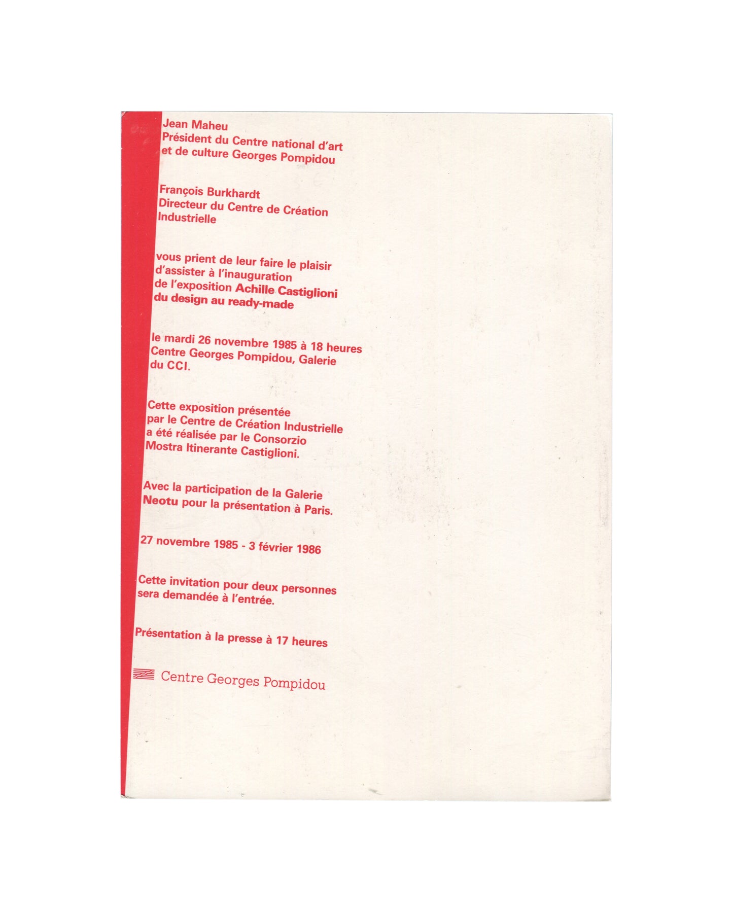 Original 1985 Centre Georges Pompidou invitation for *Achille Castiglioni: du design au ready-made*, printed in red typography on off-white card with exhibition details and Pompidou logo.