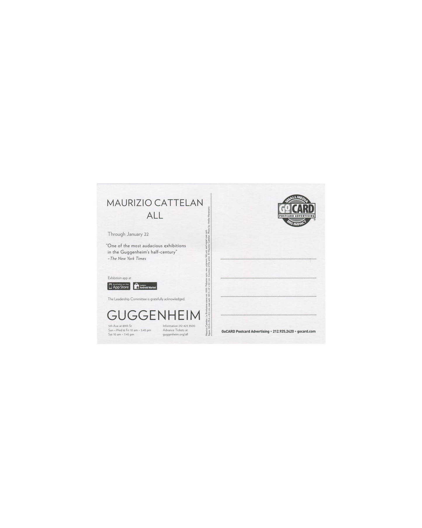 Maurizio Cattelan All, Guggenheim, through January 22, GoCard postcard format, postal field