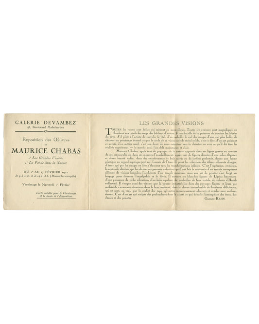 Interior spread Maurice Chabas, Les Grandes Visions, Galerie Devambez, Paris, 1922. Invitation interior, unfolded, 31.5 × 12 cm: left panel, exhibition details in black serif — 'GALERIE DEVAMBEZ / 43, Boulevard Malesherbes', 'Exposition des Œuvres de / MAURICE CHABAS / 1° Les Grandes Visions / 2° La Poésie dans la Nature / DU 1er AU 17 FÉVRIER 1922', hours, vernissage date, 'Carte valable pour le Vernissage et la durée de l'Exposition' in italic; centre and right panels, 'LES GRANDES VISIONS' heading in lar
