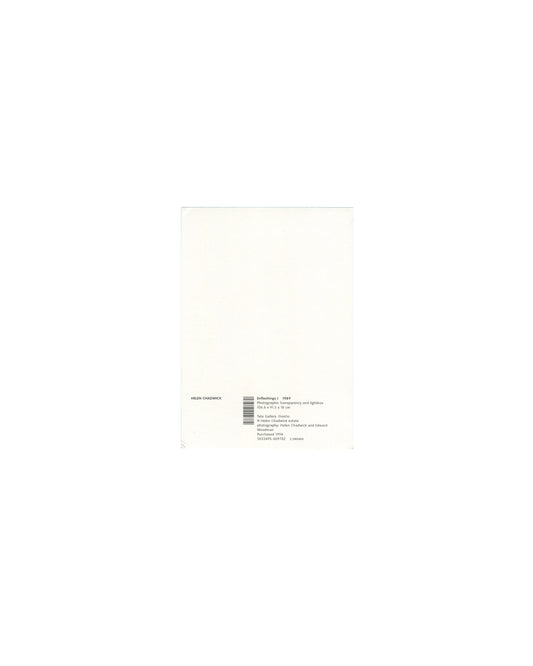 Reverse of 1994 Tate Helen Chadwick Enfleshings I postcard showing plain white card with small black text block bottom left reading 'HELEN CHADWICK / Enfleshings I 1989 / Photographic transparency and lightbox / 106.6 × 91.5 × 18 cm / Tate Gallery Purchase / © Helen Chadwick Estate / photographs: Helen Chadwick and Edward Woodman / Purchased 1994' with barcode and ISBN number.