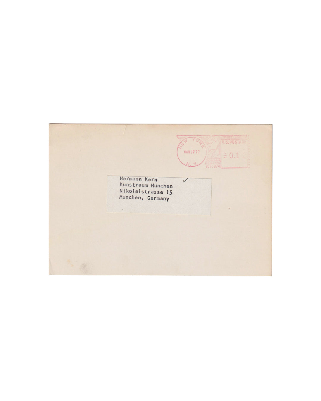 Verso (back):
Charles Ross, Point Source / Star Space, 1977. Verso: plain cream card with red New York meter postmark dated March 1977 upper right; typed address label to Hermann Kern, Kunstraum München, Nikolaistraße 15, München, Germany.