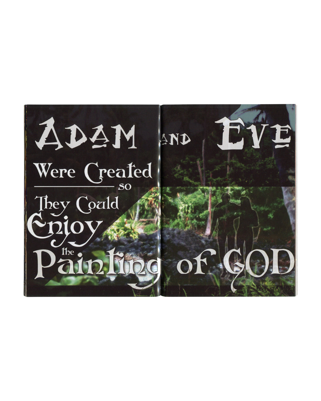 Christian Jankowski Two books titled 'Adam and Eve Were Created so They Could Enjoy the Painting of God' on a white background.