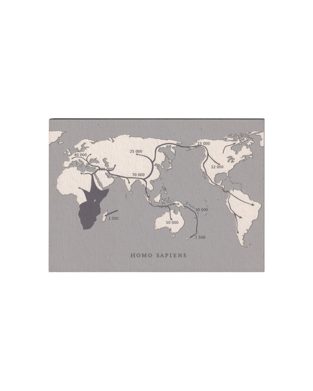 Danh Vō, Homosapiens, exhibition invitation verso, Marian Goodman Gallery, London, 2015. Printed world migration map titled Homo Sapiens, routes of human dispersal annotated with dates in thousands of years, origin marked in sub-Saharan Africa.