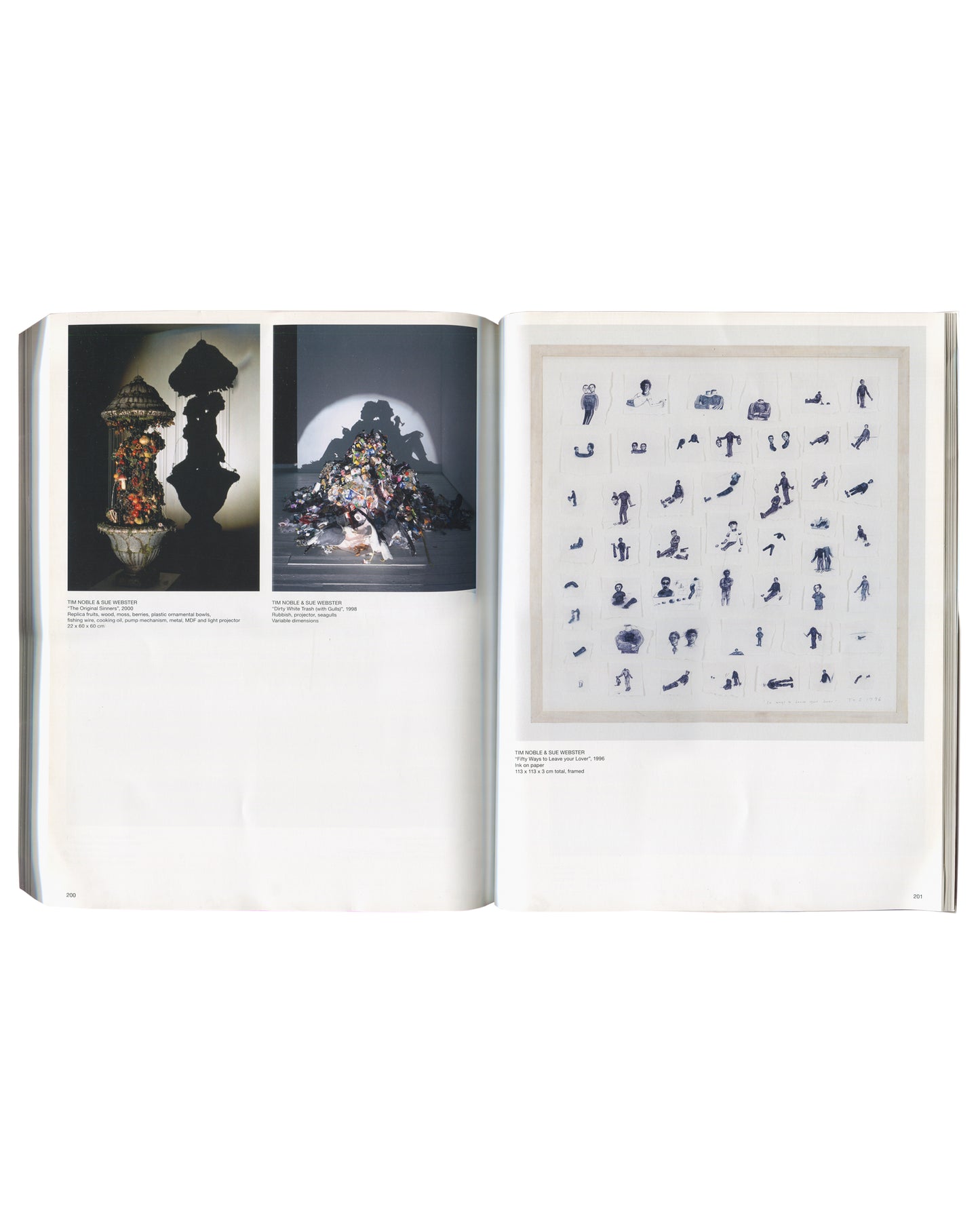 Tim Noble & Sue Webster The Chipmix Remixes (2003) and shadow projection. Right: Fifty Ways to Leave your Lover (1998), grid of fifty ink drawings framed together.