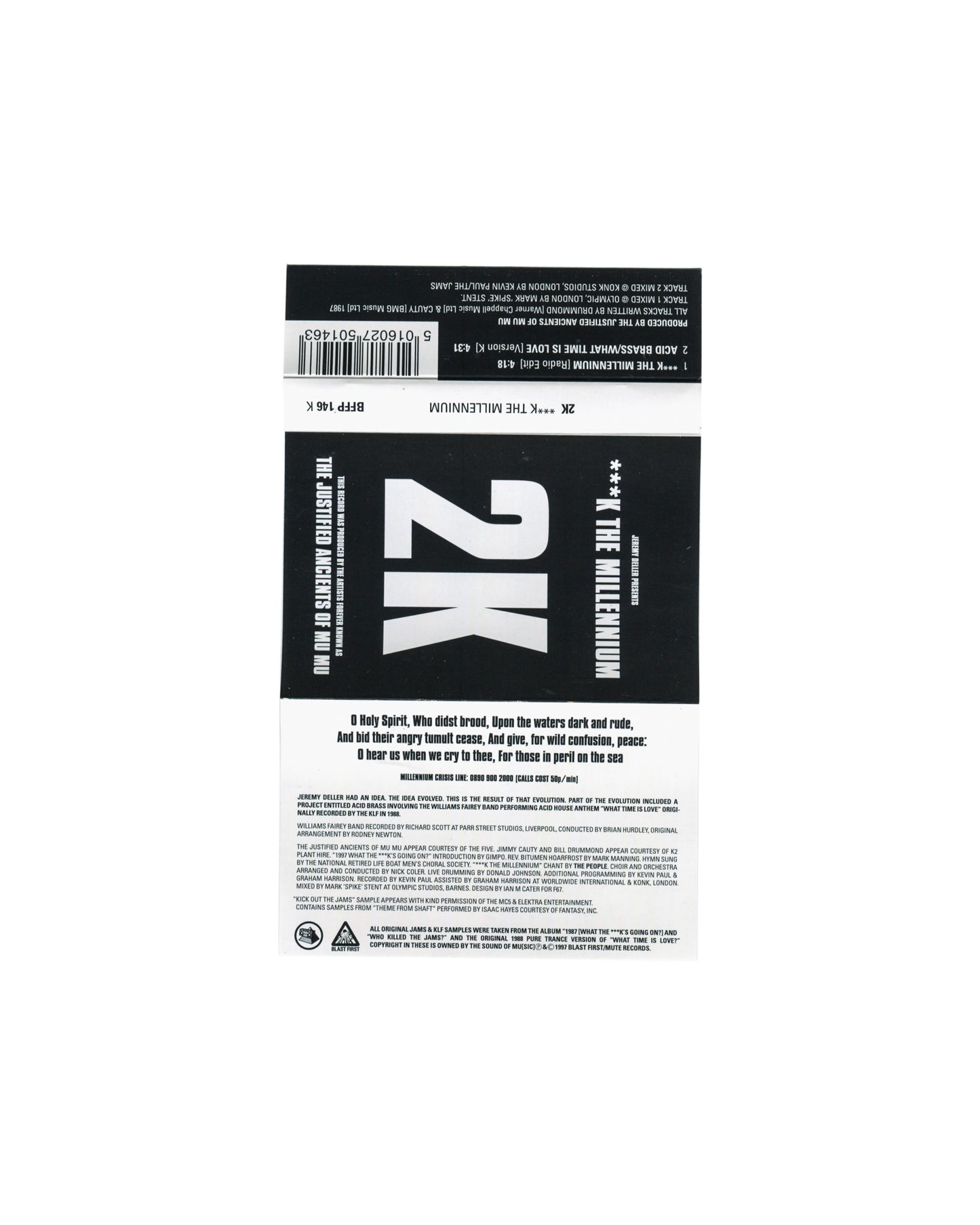 Jeremy Deller / 2K — ***K The Millennium, Blast First 1997, J-card unfolded reverse, track listing, Acid Brass credit, BFFP 146 K
