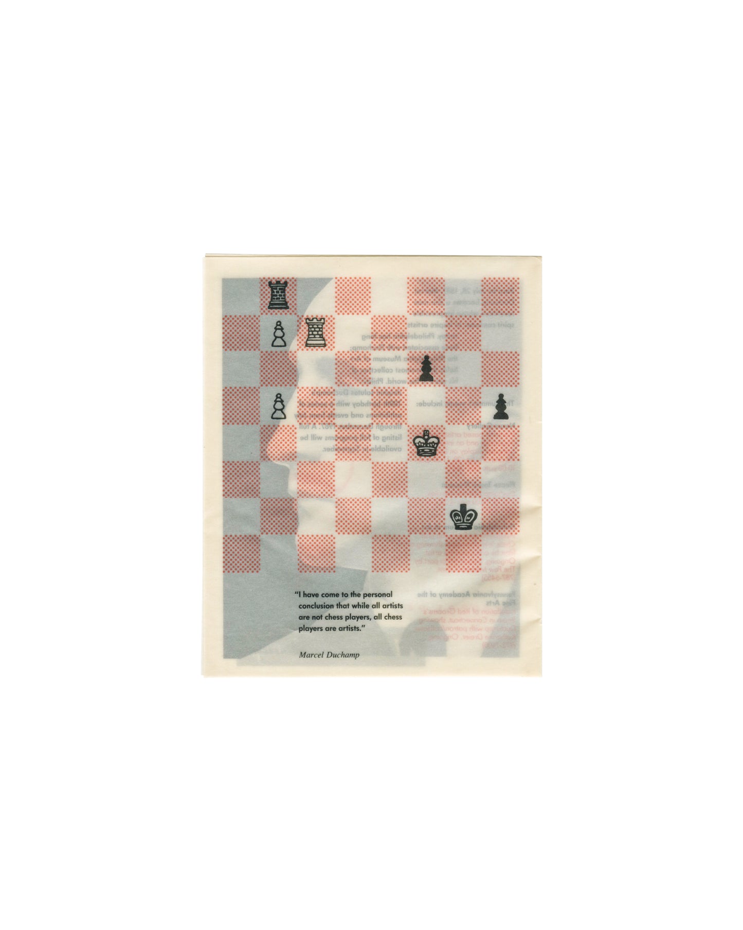 Marcel Duchamp, centennial programme back panel, 1987; red and grey chessboard with pieces and chess quotation
