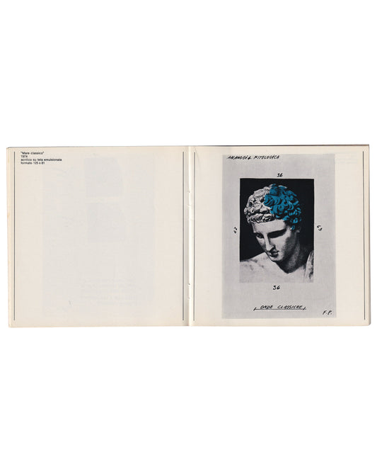 Fabrizio Plessi, Mare classico, 1974, acrylic on emulsioned canvas, 125 × 81 cm — catalogue spread from Acquabiografia, Turin 1975. Black-and-white photograph of a classical bust with turquoise colour applied to the hair, annotated with text reading "ANALOGIA MITOLOGICA", "ONDE CLASSICHE", and initials F.P.