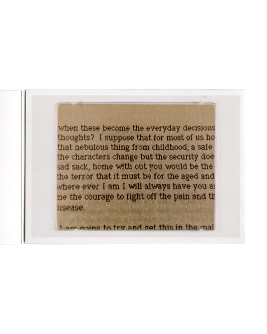 ("Untitled" (Lover's Letter), 1991): Untitled (Lover's Letter), 1991 — C-print jigsaw puzzle in plastic bag showing typewritten text on brown paper.