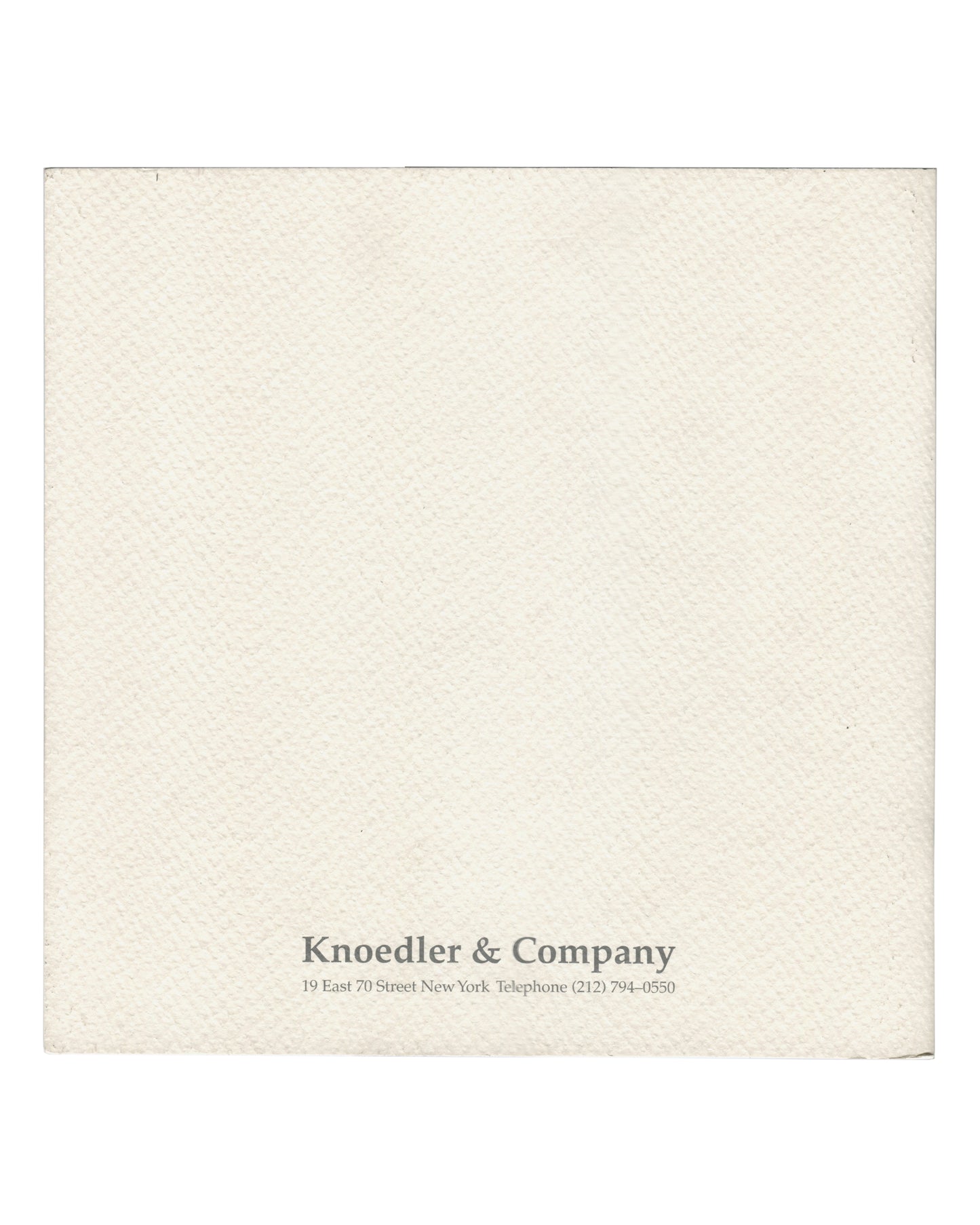 back cover — plain textured off-white card, "Knoedler & Company / 19 East 70 Street New York Telephone (212) 794–0550" in small grey serif type lower centre