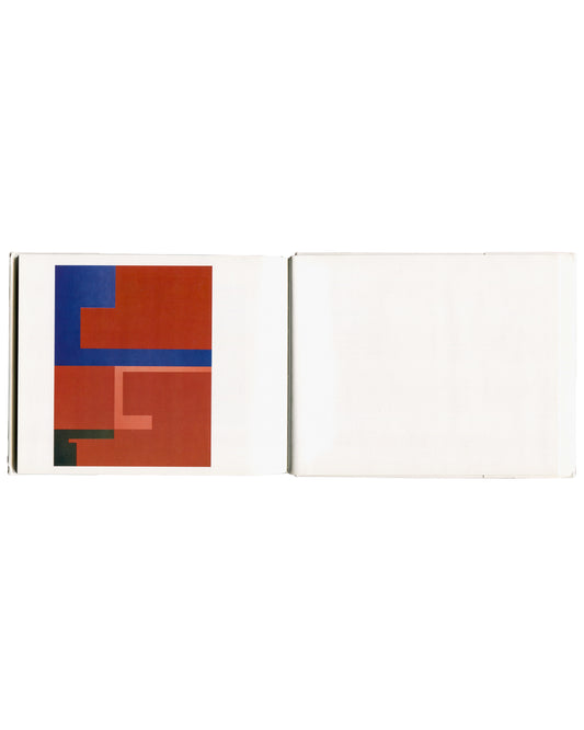 Suzan Frecon, Paintings, Richter Verlag, 1999, interior spread, stepped interlocking rectangles in blue, dark green and deep red, colour reproduction on white page
