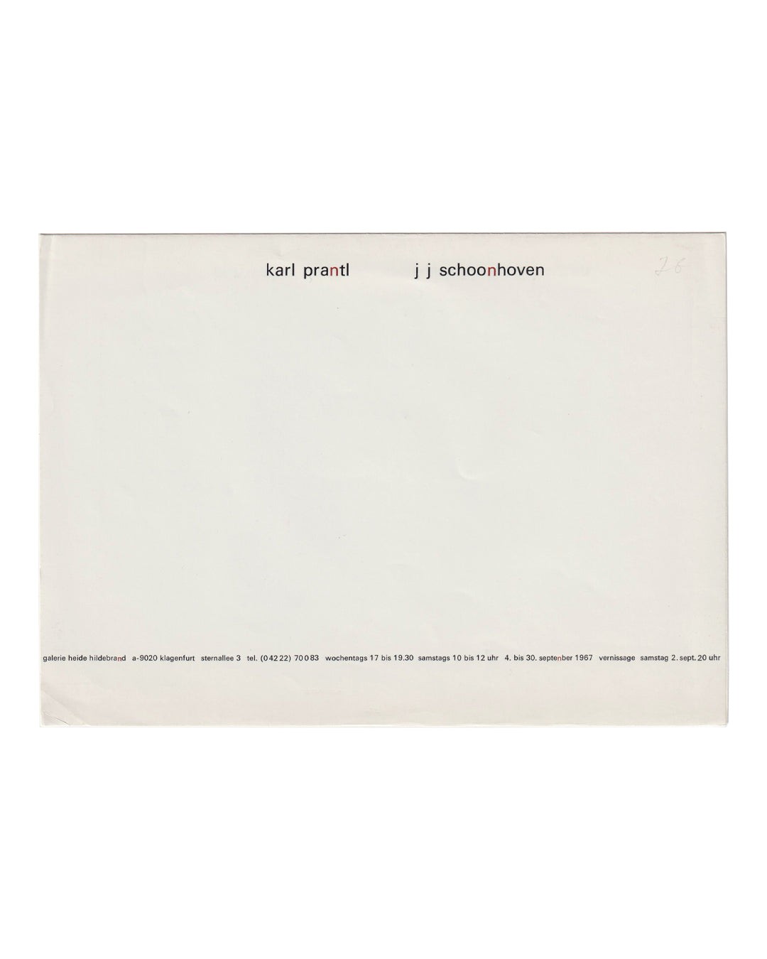 Folded exhibition announcement, Galerie Heide Hildebrand, Klagenfurt, 1967. Exterior face with names Karl Prantl and J. J. Schoonhoven in lowercase type, brown-mauve accent on the letter n, gallery details in small print at lower edge.
