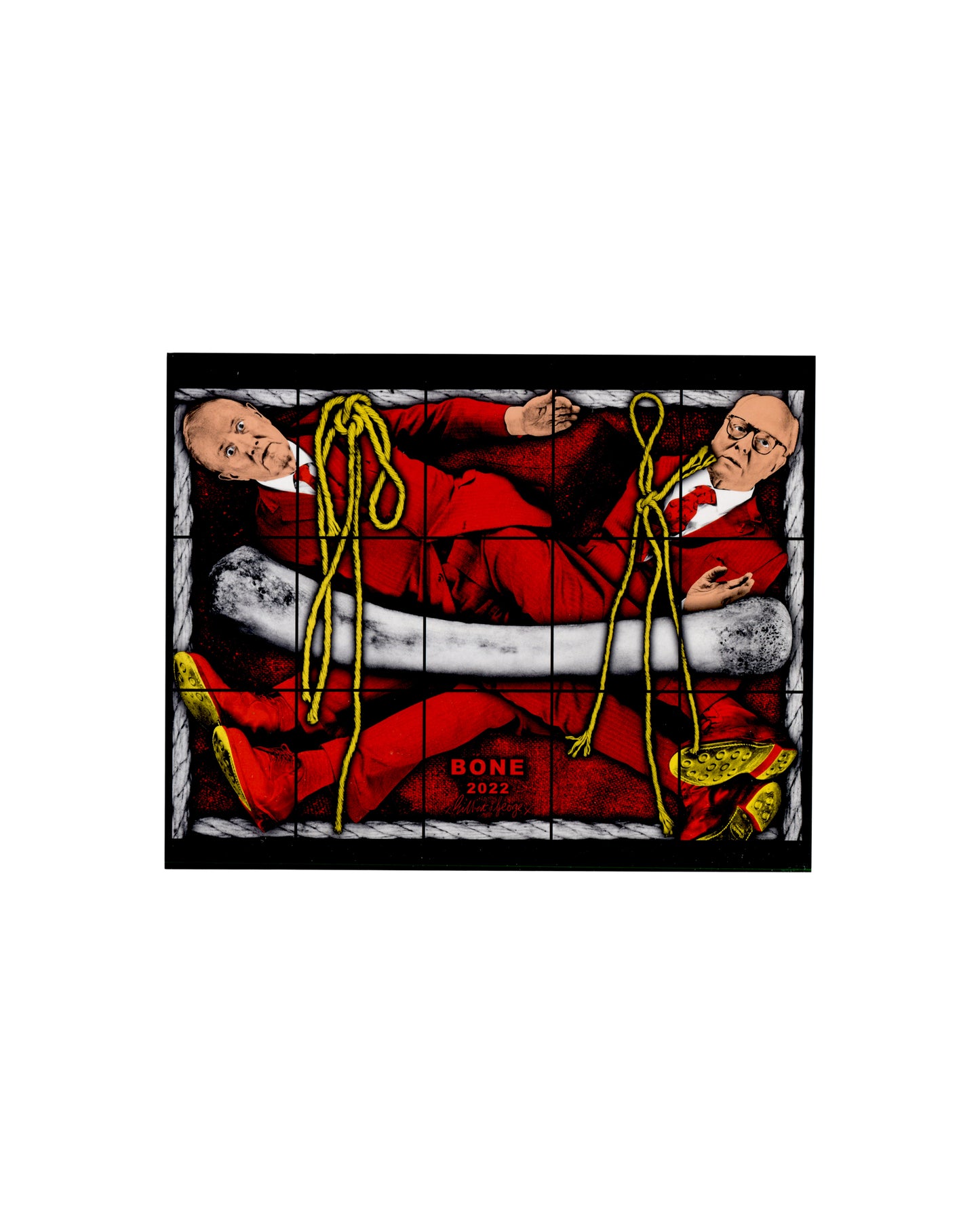 Gilbert & George, Bone 2022; figures in red suits bound with yellow rope around large bone, invitation back panel