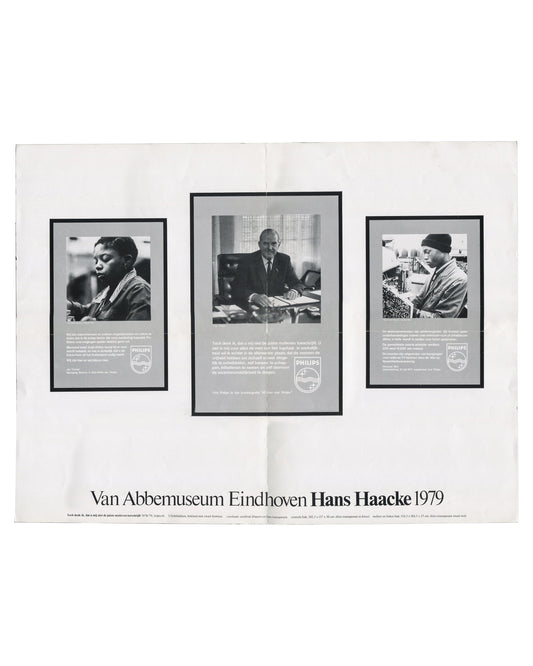 Exhibition poster, Hans Haacke, Van Abbemuseum Eindhoven, 1979. Offset lithograph, double-sided, 42 × 54 cm. Reverse side: three black-and-white photographic reproductions with captions, Philips branding. Good vintage condition with original folds and handling marks.