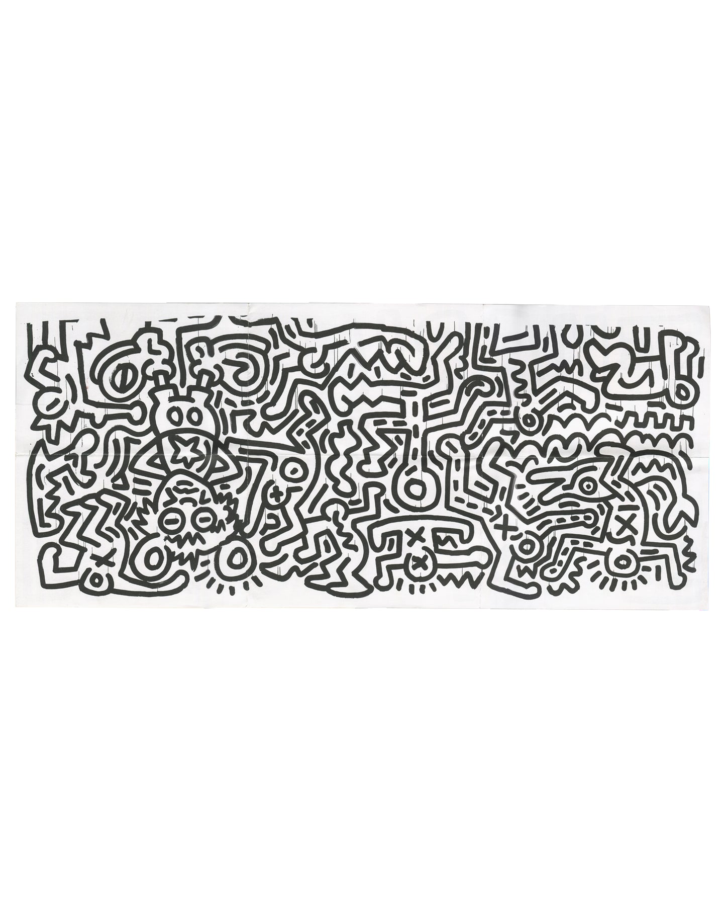 Reverse of 2003 Keith Haring Pop Figuration exhibition announcement, Deitch Projects. Full-width black-line drawing of interlocked figures, eyes, animals and hybrid bodies in Haring's characteristic style, printed across all six unfolded panels.