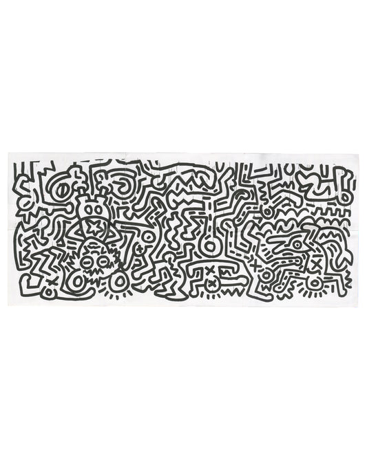 Reverse of 2003 Keith Haring Pop Figuration exhibition announcement, Deitch Projects. Full-width black-line drawing of interlocked figures, eyes, animals and hybrid bodies in Haring's characteristic style, printed across all six unfolded panels.